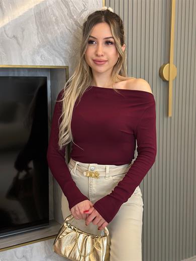 Bluz Düşük Omuz Likralı Bordo