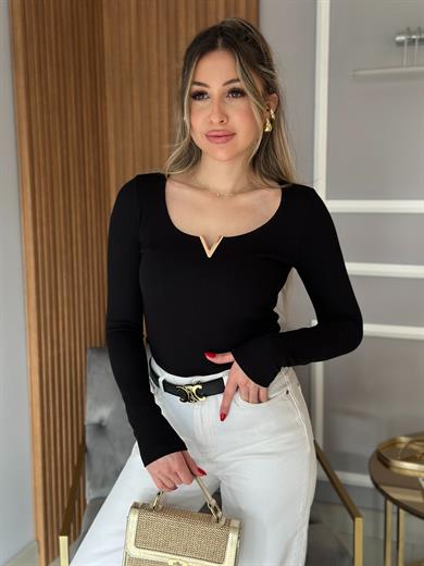 Bluz V Demirli Gold Detaylı Likralı Siyah