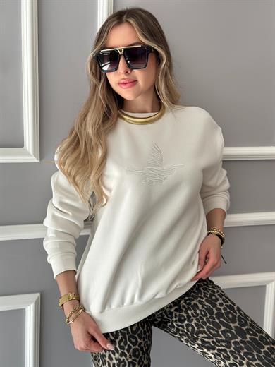 Bn Premium Sweatshirt Kuş Detaylı Ekru