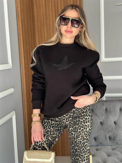 Bn Premium Sweatshirt Kuş Detaylı Siyah