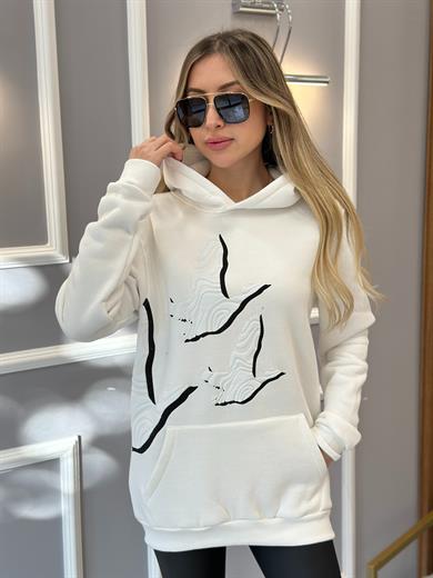 Bn Sweatshirt Kapşonlu Kuş Detaylı Ekru