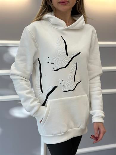 Bn Sweatshirt Kapşonlu Kuş Detaylı Ekru