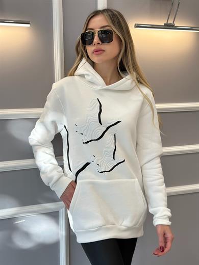Bn Sweatshirt Kapşonlu Kuş Detaylı Ekru