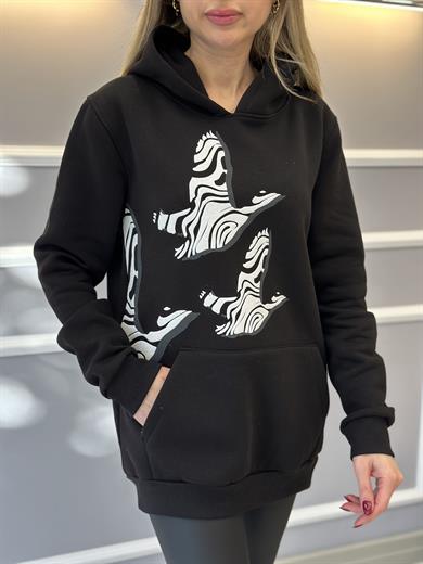 Bn Sweatshirt Kapşonlu Kuş Detaylı Siyah