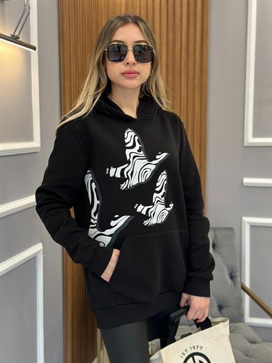 Bn Sweatshirt Kapşonlu Kuş Detaylı Siyah