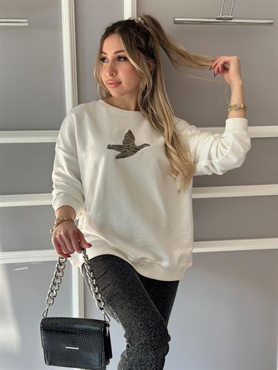 Bn Sweatshirt Kuş Taş Detaylı Beyaz