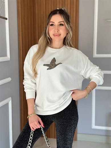 Bn Sweatshirt Kuş Taş Detaylı Beyaz
