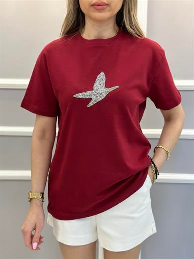 Bn T-Shirt Premium Taşlı Detaylı Bordo