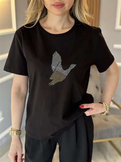 Bn T-shirt Silver Gold Taşlı Kuş Detaylı Siyah