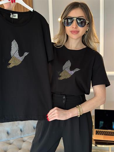 Bn T-shirt Silver Gold Taşlı Kuş Detaylı Siyah