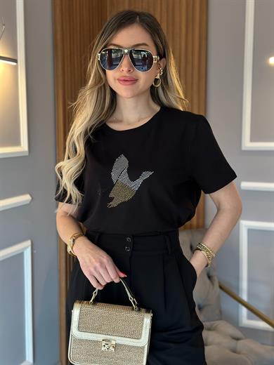 Bn T-shirt Silver Gold Taşlı Kuş Detaylı Siyah