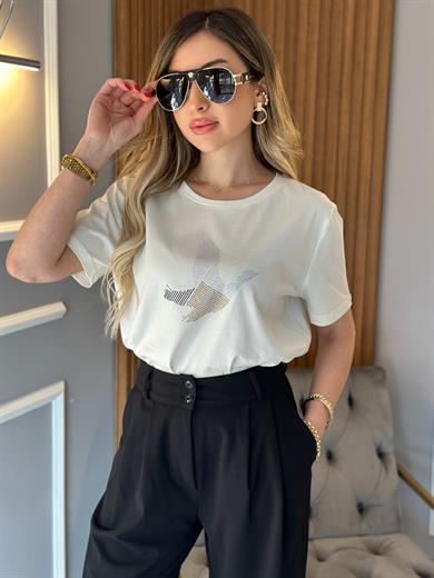 Bn T-shirt Silver Gold Taşlı Kuş Detaylı Beyaz