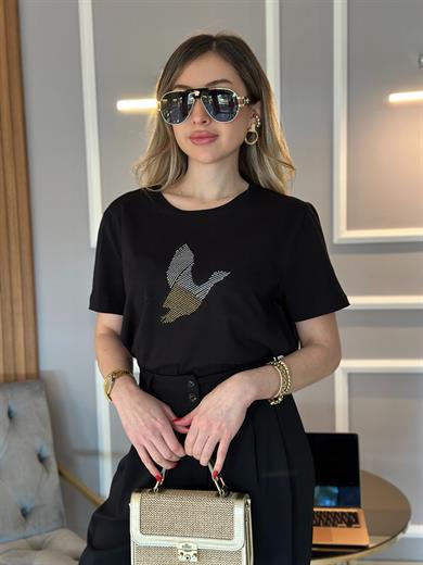 Bn T-shirt Silver Gold Taşlı Kuş Detaylı Siyah