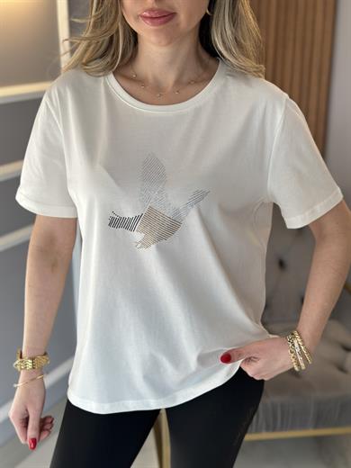 Bn T-shirt Silver Gold Taşlı Kuş Detaylı Beyaz