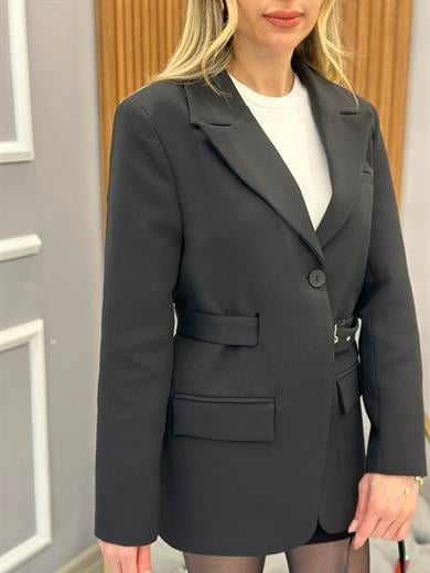 Ceket Blazer Kemer Detaylı Siyah