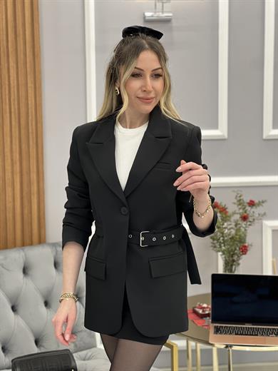 Ceket Blazer Kemer Detaylı Siyah