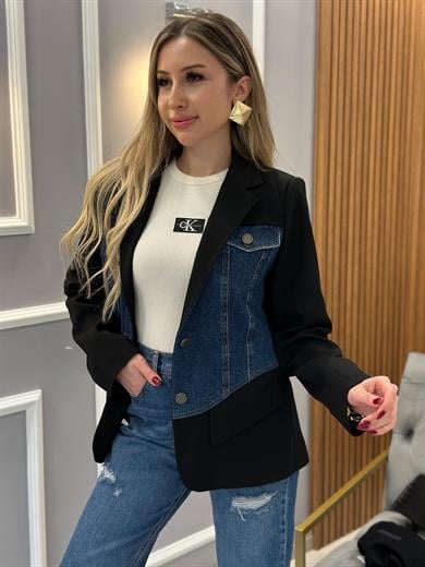 Ceket Blazer Kot Detaylı Siyah