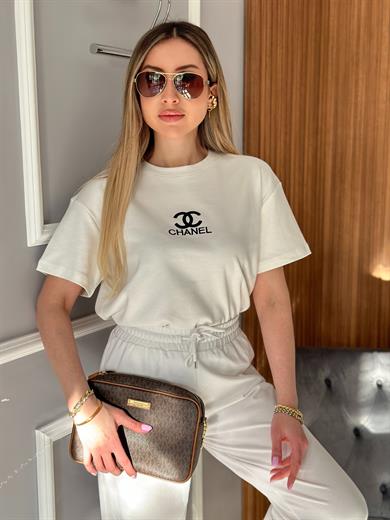 Ch T-shirt Nakış Yazılı Beyaz