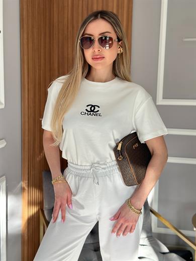Ch T-shirt Nakış Yazılı Beyaz