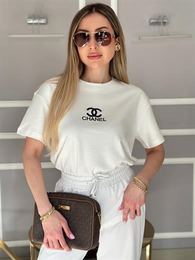 Ch T-shirt Nakış Yazılı Beyaz