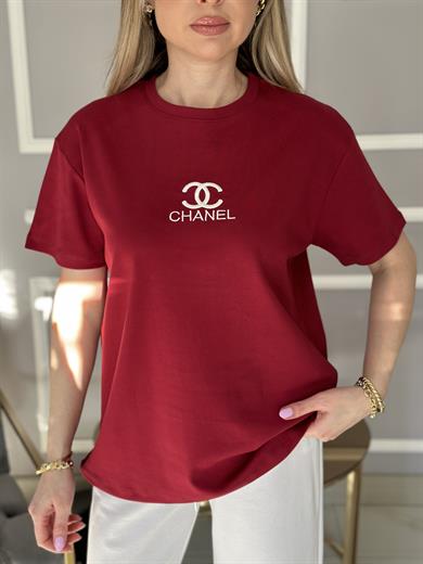 Ch T-shirt Nakış Yazılı Bordo