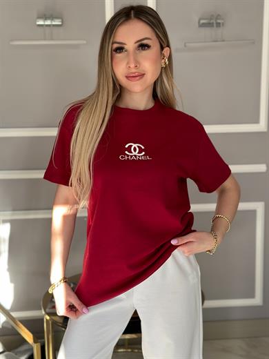 Ch T-shirt Nakış Yazılı Bordo