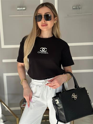 Ch T-shirt Nakış Yazılı Siyah