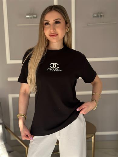 Ch T-shirt Nakış Yazılı Siyah