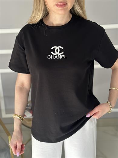Ch T-shirt Nakış Yazılı Siyah