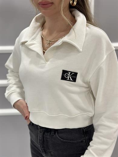 Cn Crop Yakalı Yazı Detaylı Sweat Boyu Kemerde Ekru