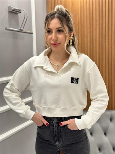 Cn Crop Yakalı Yazı Detaylı Sweat Boyu Kemerde Ekru