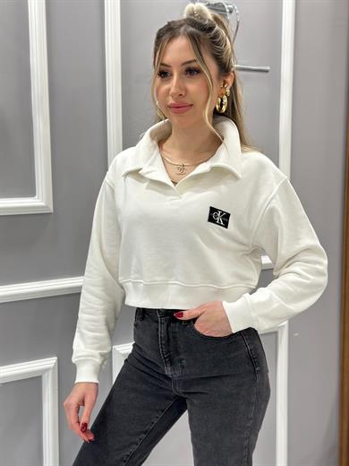 Cn Crop Yakalı Yazı Detaylı Sweat Boyu Kemerde Ekru