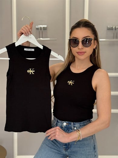 CN Premium Gold Detaylı Likralı Atlet Bluz Siyah 