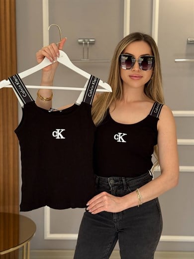 CN Premium Likralı Siyah Atlet Bluz Askısı Yazılı