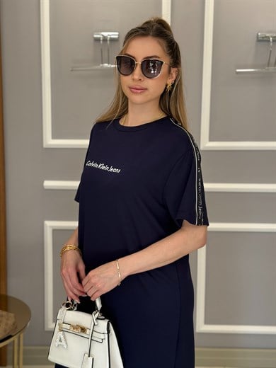 CN Premium Modal Kumaş Kol Detaylı Yandan Tek Yırtmaçlı Boyu 108 cm Lacivert Elbise 