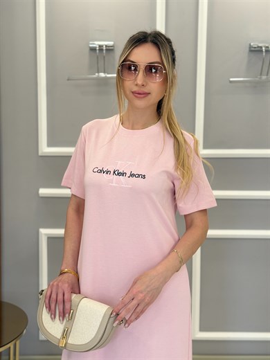 CN Premium Modal Kumaş Nakış Yazılı İki Yırtmaçlı Boyu 120 cm Pembe Elbise 