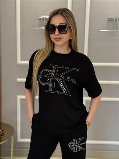 Cn Premium Modal Kumaş Taş Yazılı Siyah Takım 