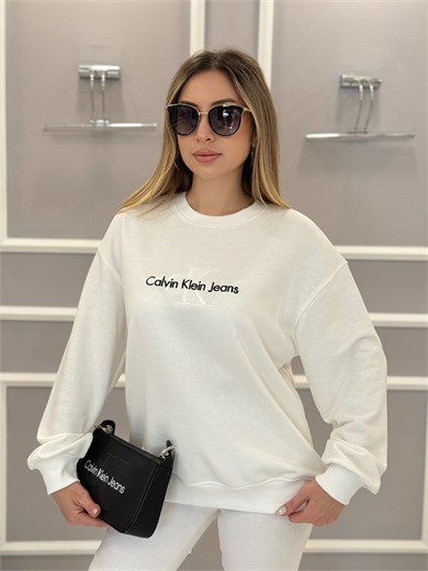 CN Premium Nakış Yazı Detaylı Sweatshirt Beyaz 