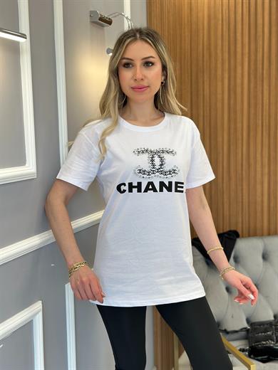 Cn T-shirt Taşlı Yazı Baskılı Beyaz