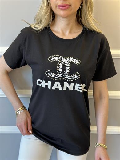 Cn T-shirt Taşlı Yazı Baskılı Siyah