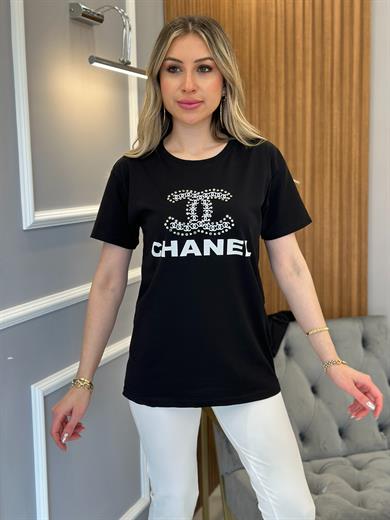 Cn T-shirt Taşlı Yazı Baskılı Siyah