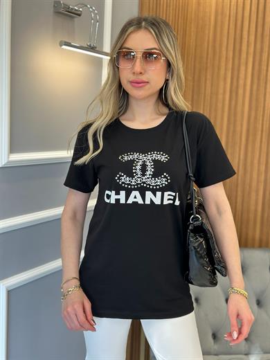 Cn T-shirt Taşlı Yazı Baskılı Siyah