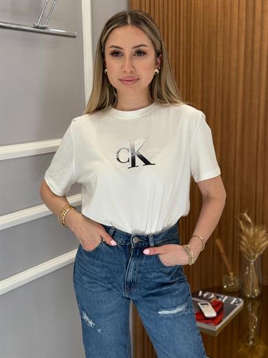 Cnk Gri Renk Nakış Yazı Detaylı Tişört Beyaz