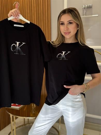 Cnk Gri Renk Nakış Yazı Detaylı Tişört Siyah
