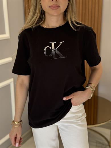 Cnk Gri Renk Nakış Yazı Detaylı Tişört Siyah