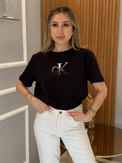Cnk Gri Renk Nakış Yazı Detaylı Tişört Siyah