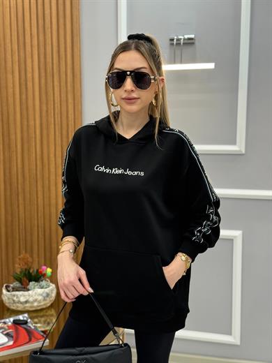 Cnk Kol Deatylı Kapişonlu Boyu 70 cm Cepli Siyah Sweat