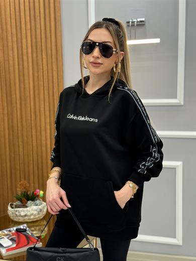 Cnk Kol Deatylı Kapişonlu Boyu 70 cm Cepli Siyah Sweat
