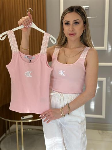 Cnk Likralı Askısı Yazılı Atlet Pembe