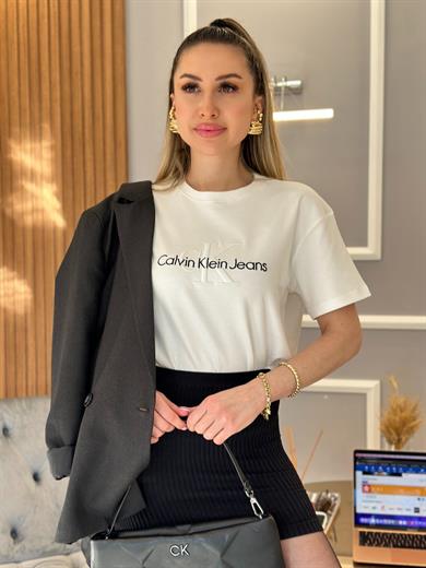 Cnk T-shirt Nakış Yazılı Beyaz